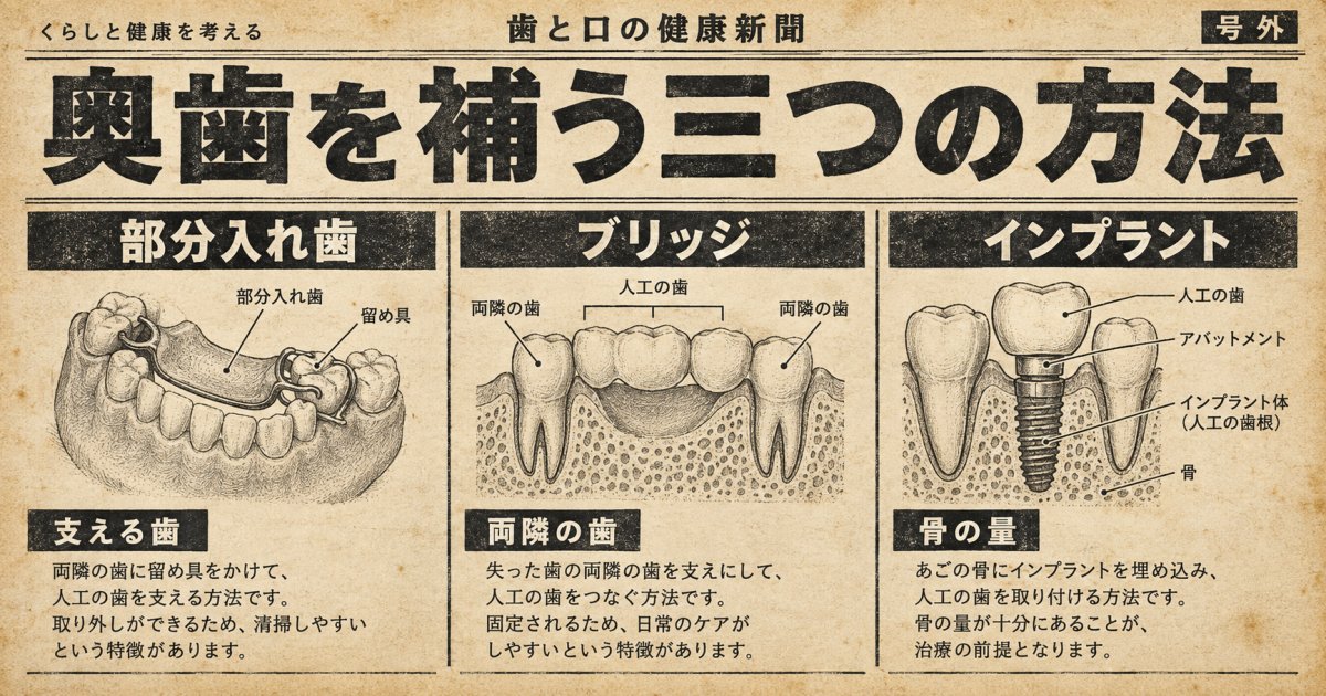 奥歯を補う三つの治療は、残る歯の状態から考える